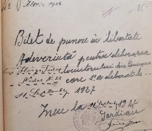 Bilete de punere în libertate a sătenilor din Nadăş, 1926.